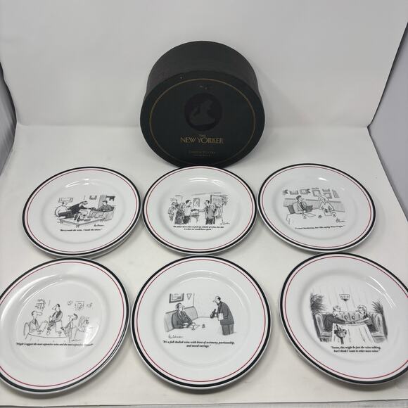 The New Yorker Cheese Plates Restoration Hardware Set of 6 Cartoon Salad Wine - Picture 1 of 16